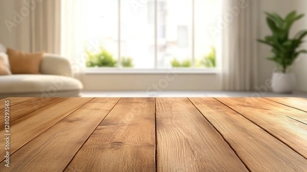 Fototapeta Empty wooden table against blurred living room backdrop for product display and montage