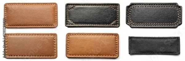 Obraz A collection of leather patches with different colors and textures. The patches are arranged in a row, with the first one being brown and the last one being black. The patches vary in size and shape