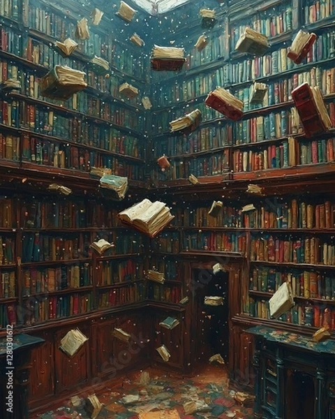 Fototapeta Floating books in an enchanting library dramatic interior fantasy atmosphere magical setting