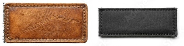 Obraz A tan leather patch with a black patch next to it. The tan patch has a brown color and the black patch has a dark color