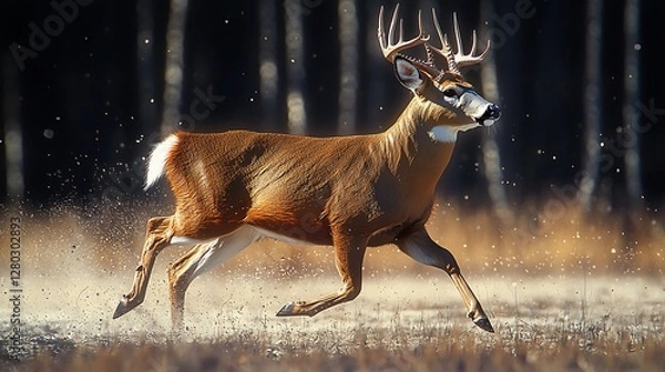 Fototapeta White-tailed deer running through autumnal forest