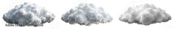 Obraz Three clouds of different sizes and shapes are shown in a white background. The clouds are fluffy and white, and they appear to be floating in the sky. Concept of calm and peacefulness
