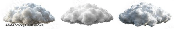 Obraz Three clouds of different sizes and shapes are shown in a white background. The clouds are fluffy and white, and they appear to be floating in the sky. Concept of calm and peacefulness
