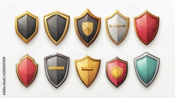 Fototapeta Colorful shield icons; security, protection; white background; game design