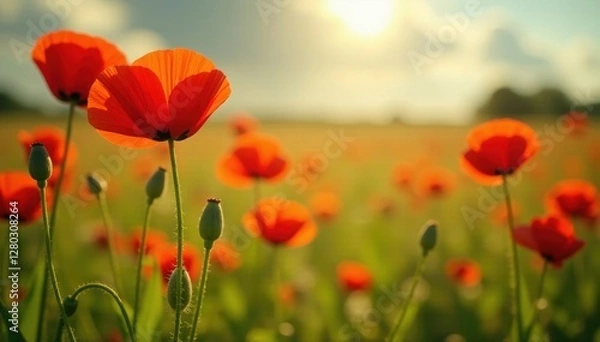 Fototapeta Vibrant red poppies bloom in a sun-drenched summer meadow , idyllic, meadow, serene