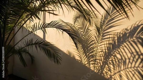 Obraz Tropical Palm Leaf Shadows on Sunlit Wall – Aesthetic Nature Photography