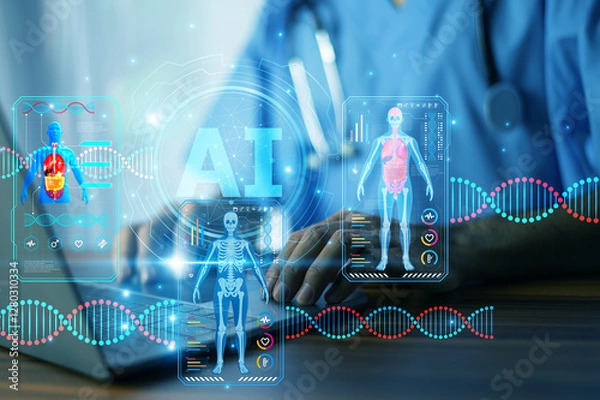 Fototapeta Doctor using AI technology to analyze patient health data, enabling faster diagnosis, personalized treatment plans, and improved healthcare outcomes