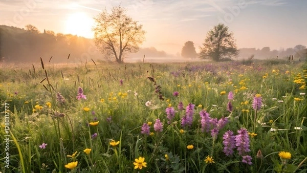 Obraz Idyllic Spring Meadow with Blooming Wildflowers at Sunrise