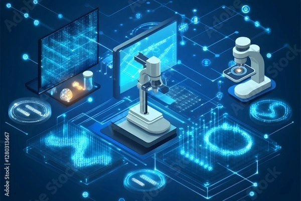 Fototapeta Advanced laboratory setup featuring microscopes and data analysis with digital elements