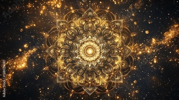 Obraz Golden Mandala in a Cosmic Galaxy: A Celestial Tapestry of Light and Intricate Design