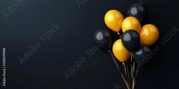 Fototapeta Cluster of Black and Yellow Balloons Against a Dark Background with a Modern Elegant Look for Celebrations, Events, and Home Decor