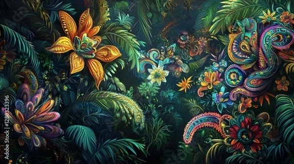 Fototapeta Vibrant Jungle Paradise with Colorful Flowers and Intricate Patterns for Fantasy Art and Nature Enthusiasts
