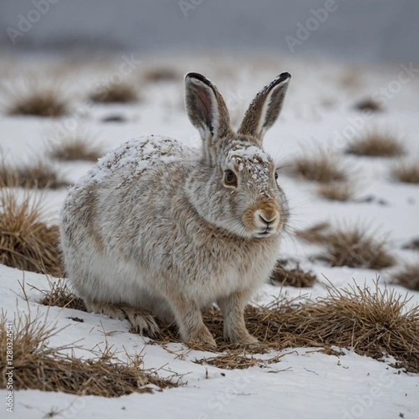 Obraz A mountain hare digging a burrow to stay warm.