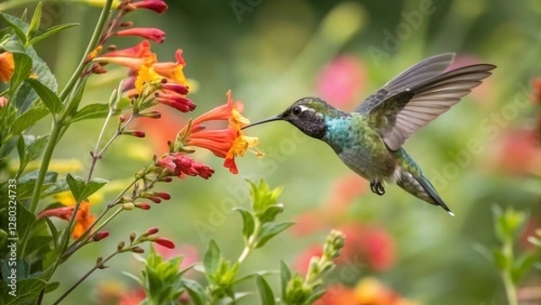 Obraz Vibrant Hummingbird Feeding on Nectar in Blooming Garden