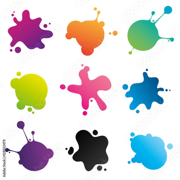 Fototapeta Colorful ink spots collection: set of stains different for shape and color isolated on white background. Vector image.