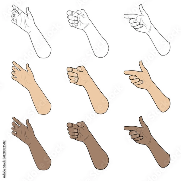 Fototapeta Realistic holding hand collection: set of caucasian and afro different hands grasping something, useful for signs, signage, operating instructions. Vector image, isolated on white background.