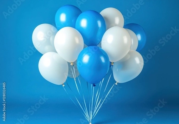 Fototapeta Colorful balloons in shades of blue and white floating against a bright blue background perfect for celebrations, parties, and festive occasions