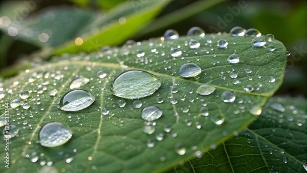 Obraz Dewdrops on a Green Leaf – Nature’s Tranquility