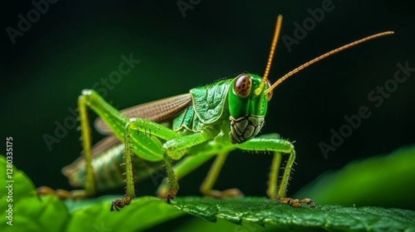 Fototapeta Green Grasshopper Closeup On Leaf Dark Background