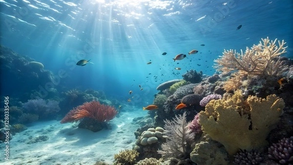 Obraz Vibrant Coral Reef Ecosystem with Tropical Fish Under Sunlight