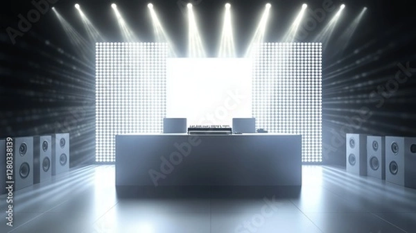 Fototapeta Modern DJ stage setup with illuminated speakers and backdrop, creating an energetic atmosphere