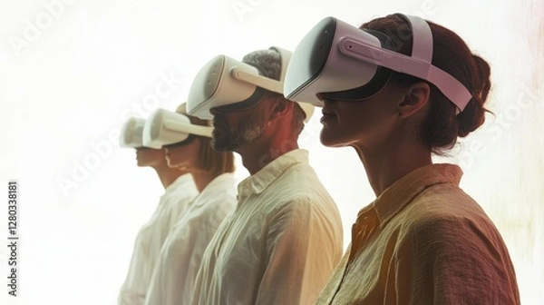 Fototapeta A group of people wearing VR headsets, immersed in a shared virtual reality experience in a minimalist, futuristic setting