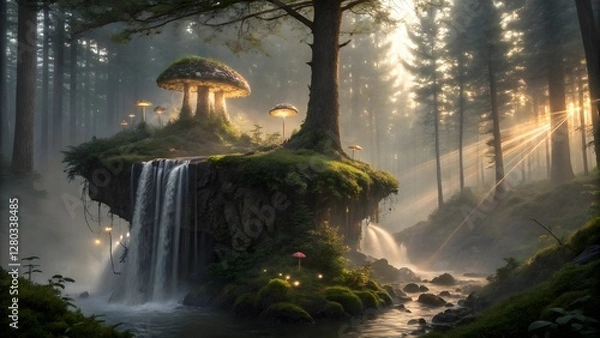 Obraz Magical Floating Island with Waterfalls and Glowing Mushrooms in Enchanted Forest