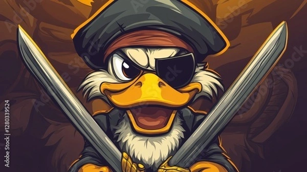 Fototapeta Cartoon pirate duck character brandishing swords, set against a vibrant, adventurous background