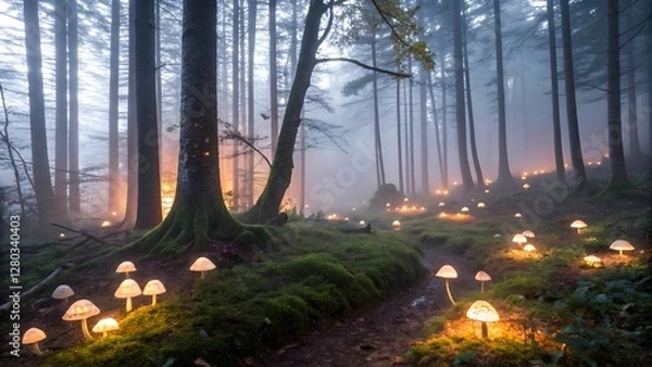 Obraz Enchanted Forest with Glowing Mushrooms in a Mystical Foggy Landscape