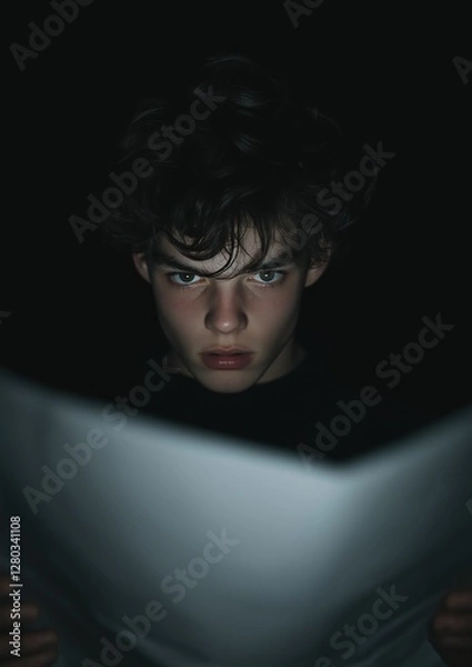 Fototapeta Portrait of a young man with dark hair and blue eyes. he is looking directly at the camera with a serious expression on his face.