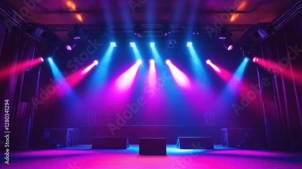 Fototapeta Colorful stage lights illuminating an empty concert venue with a vibrant atmosphere