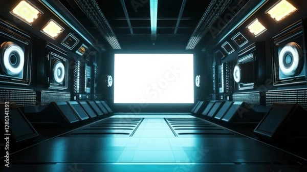 Obraz Futuristic interior of a high-tech room with bright screen and advanced lighting setup