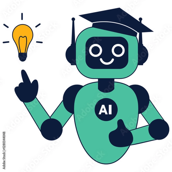 Fototapeta Artificial intelligence in school education concept. Cute AI robot in a graduation cap pointing at a light bulb. Modern flat vector illustration isolated on white background.
