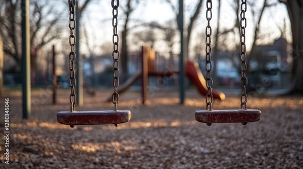 Fototapeta Empty swings at a park during sunset with a blurred playground background and fallen leaves