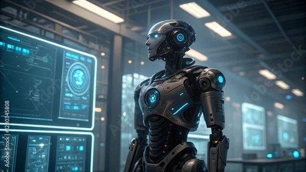 Fototapeta Futuristic AI Robot in High-Tech Laboratory with Digital Screens