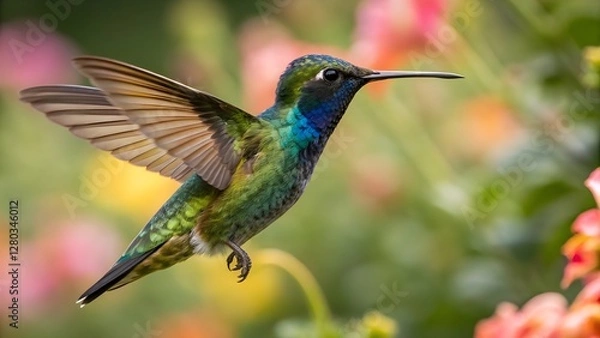 Obraz Colorful Hummingbird in Flight Near Vibrant Flowers
