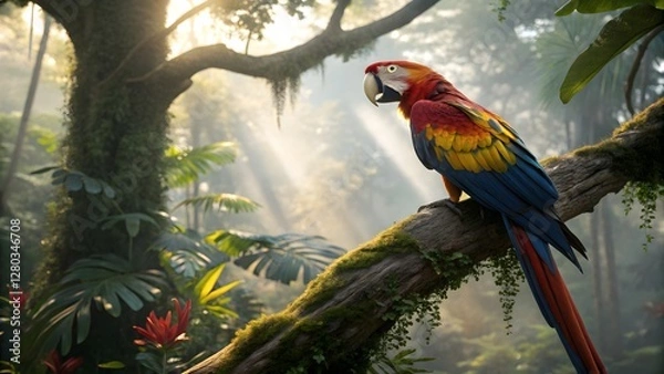 Obraz Scarlet Macaw Perched in a Lush Tropical Rainforest