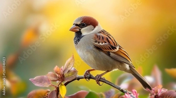 Fototapeta Brown Sparrow Perched on a Branch with Flowers
