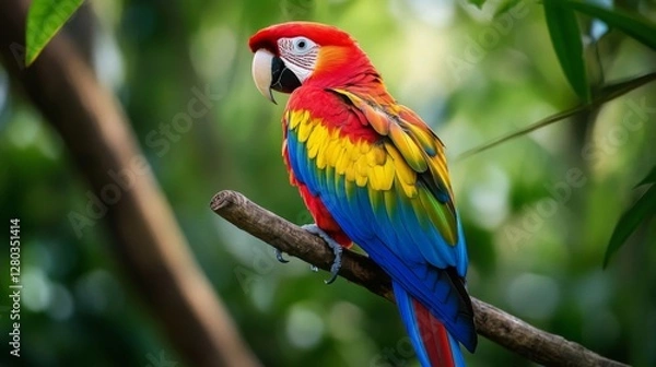 Obraz Vibrant Macaw Perched on Branch in Lush Tropical Forest