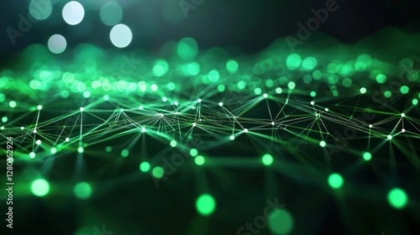 Fototapeta Abstract representation of interconnected digital nodes glowing in green, creating a futuristic landscape