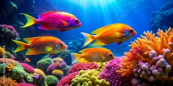 Fototapeta Vibrant Reef Inhabitants Gracefully Navigate a Lush Coral Garden, Displaying a Symphony of Colors and Underwater Serenity