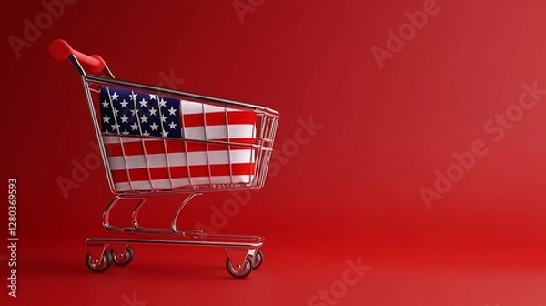 Obraz American Shopping Cart on Red Background: A Symbol of US Consumerism