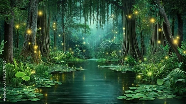 Obraz Enchanting Firefly Swamp Forest Path, Night Background