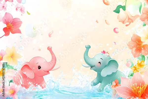 Fototapeta Playful Elephants Splashing in Floral Water Paradise