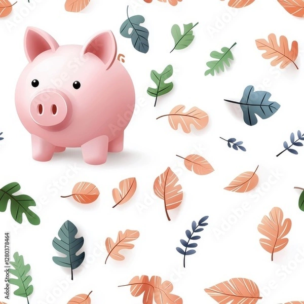 Fototapeta Realistic, seamless pattern, piggy bank, isolated on white background.