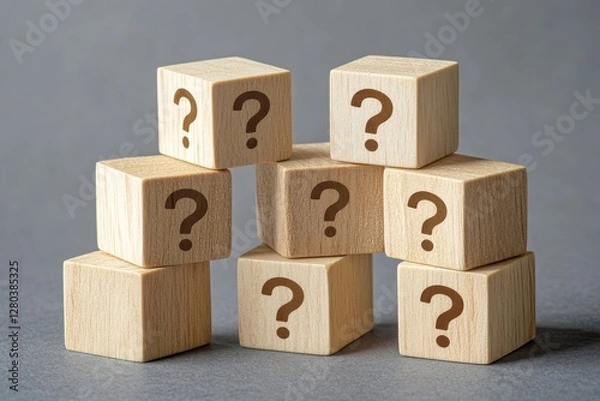 Fototapeta Wooden blocks with question marks stacked on gray background