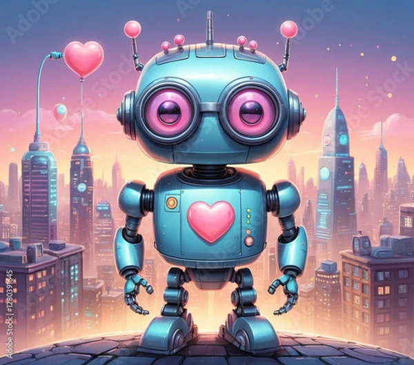 Fototapeta "A cute, hand-drawn robot with oversized goggles and a quirky antenna on its head. The robot has a bubbly, rounded shape with a glowing heart on its chest, symbolizing friendly AI. 
