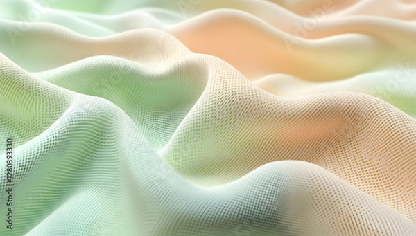 Fototapeta 3D Render of Wavy Fabric Texture in Light Green and Peach Gradient