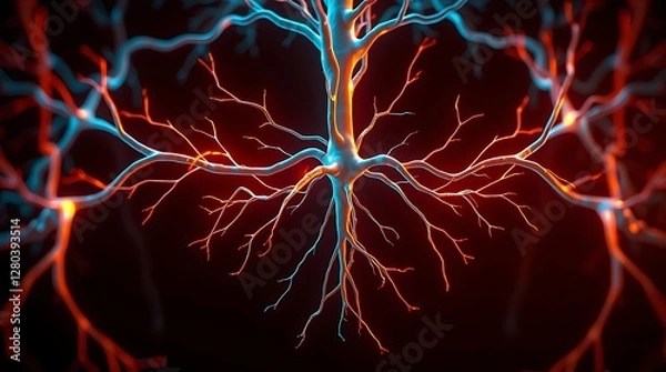 Fototapeta Close-up of Neuron Network with Glowing Orange and Blue Synapses