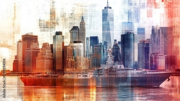 Fototapeta Naval ship and vibrant cityscape create an urban tapestry